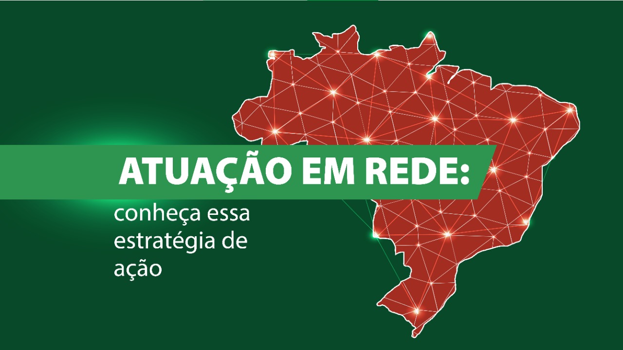 Ilustração mostra mapa do Brasil em vermelho com linhas e pontos interligando todos os territórios. Lemos os seguintes dizeres: atuação em rede: conheça essa estratégia de ação.