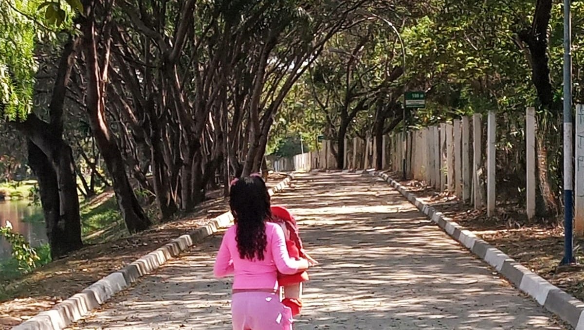 Imagem exibe uma criança de costas em um ambiente externo, permeado por árvores. Ela veste roupa rosa e segura uma boneca.