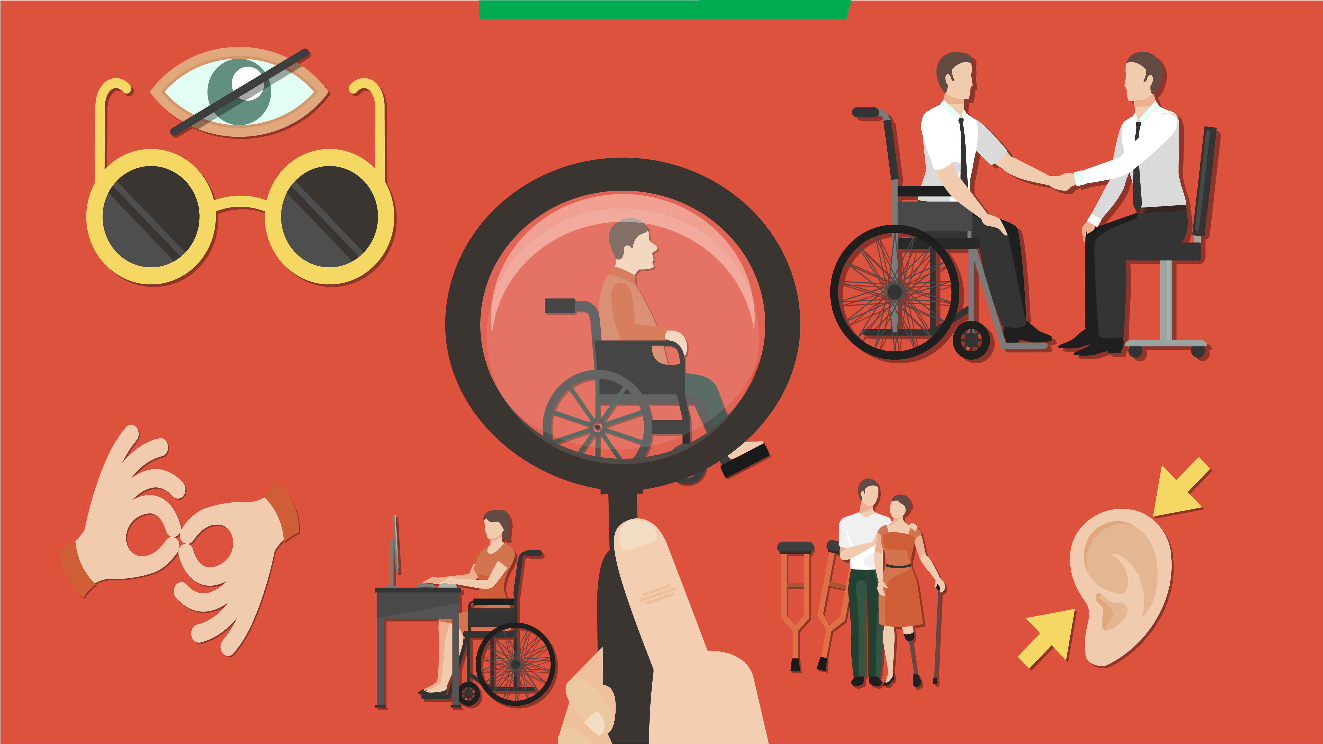 Ilustração de fundo vermelho exibe pessoas com deficiências físicas e exibe desenhos de olho, orelha e mãos gesticulando, representando deficiências sensoriais. Uma lupa aponta para o centro da imagem.